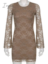 Ingvn - Retro Fairycore Grunge Mini Dresses Y2K Sexy Flare Lace Sleeves Chic Brown Clothes Elegant Aesthetic Slim Dress Cuteandpsycho