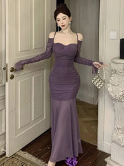 Sexy Spaghetti Straps Mermaid Dresses Elegant Long Sleeve Off Shoulder Pleated Bodycon Vestidos Vintage Party Dress Long Robe