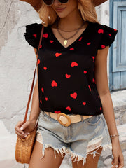 Heart Print Ruffle Trim Blouse, Casual V-neck Blouse For Spring & Summer, Women's Clothing