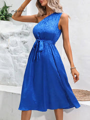 Ingvn - One-Shoulder Sleeveless Tie Waist Dress