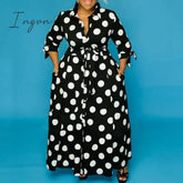 Ingvn - Black and White Polka Dot Dress Plus Size 4xl 5xl Floor Length Long Sleeve Single Breasted Autumn Fashion Party Dinner Dress Hot
