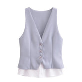 Women Patchwork Striped Temperament Vest Front Button V Neck Sleeveless Waistcoat Spring Summer Chic Tops