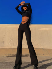 Solid Black High Waist Flare Leggings with Open Navel Criss Cross Straps - Body-Conforming & Fashion-Forward Wide Pants for Women