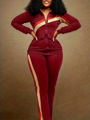 Two-piece Set, Long Sleeve & Long Length, Zip Up, Striped Print Retro Outfits, Women's Clothing