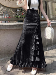 Print Vintage Long Skirt Women Casual Ruffles England Sweet Trumpet Skirts Retro Lace Up Elegant Female Design Long Skirt