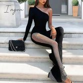 Ingvn - Patchwork Diamond Fishnet Bodycon Women Jumpsuit Black One Shoulder Long Sleeve Jumpsuit Lady Sexy Evening Party Clothes