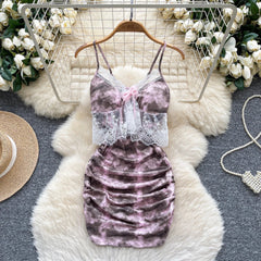 Chic Sexy butterfly print lace Spliced Fairy Summer Women Boho Sundress women clothing mini dress