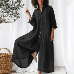 Ingvn - Cotton Linen Women Jumpsuit Oversized Vintage Button Jumpsuit Summer Women Casual Beach Playsuit Wide Legs Pants Loose Romper