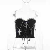 Emo Gothic Cross Chain Crop Tube Top Women's Sexy Harajuku Ruched Lace Trim Strapless E Girl Hippie Party Grunge Tops