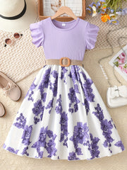 Girls Charming Floral Embroidered Dress - Soft Ribbed Flutter Sleeve - Perfect for Summer Casual Wear
