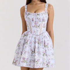Floral Print Tank Mini Dress Women Lace Spliced O Neck Sleeveless A-line Holiday Casual Summer Dresses Party Robe