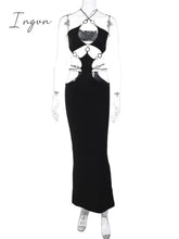 Ingvn - Strapless Metal Ring Cut Out Maxi Dress Women Black Halter Low Cut Backless Hollow Out Bodycon Sexy Party Long Dress