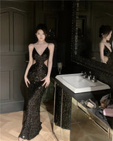 Summer Sexy Backless Black Long Dresses for Women New Elegant Hollow Out Bodycon Evening Party Prom Sequin Female Clothing Robe