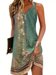 Flirty Floral Print Sleeveless Midi Dress - Effortlessly Chic Casual Style - Feminine Notched Neckline - Perfect for Summer Wardrobe - Womens Clothing