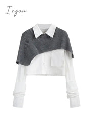Ingvn - Spring Autumn Fashion Women Two Pieces Sets Long Sleeve Short Blouse Shirt + Solid Knitted Pullover Crop Shawl Sweater Female Tops