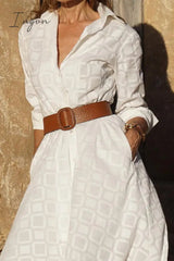 Ingvn - Elegant Geometric Pocket Printing Turndown Collar A Line Dresses
