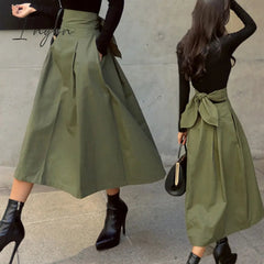 Ingvn - Spring Outfits Trends Skirts Womens Korean Fashion Solid Color Big Swing Ladies Skirt Long Skirt Autumn Wild High Waist Bow Slim Skirts