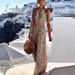 Ingvn - Summer Boho Floral Print Long Party Dress Women Elegant Halter Sleeveless Maxi Dress Spring Backless Hollow Out Dresses 2XL