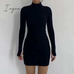 Ingvn - Autumn Fashion Sexy Solid Turtleneck Skinny Mini Dress Women Rib Knit Keep Warm Long Sleeve Slim Dress Streetwear
