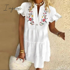 Ingvn - Plus Size 5XL Floral Print Boho Dress Women Tassle Sleeved White Mini A-Lline Dress Autumn New Sweet Bohemian Loose Dresses