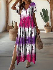 Tie Dye V-neck Dress, Elegant Split Short Sleeve Dress For Spring & Summer, Women's Clothing