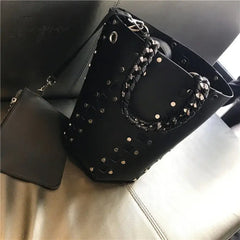 Ingvn - Designer Rivets Large Bucket Bags Women Purses and Handbags Female High Quality Shoulder Messenger Bags Black Hollow Out