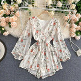 Ingvn - Women's French-Style Vintage Floral Print Jumpsuit V-neck Puff Sleeve Waist Hugging Slimming All-match Casual Playsuits