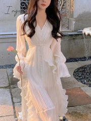 Ingvn - Pure Color French Elegant Dress Woman Long Sleeve Fairy Midi Dress Casual 2023 Summer Slim Party One Piece Dress Korean Design