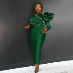 Ingvn - Dresses for Women Party Elegant Long Sleeve Asymmetric Ruffle Shimmer Midi Tight Dress Chic Evening Cocktail Birthday Night Gown