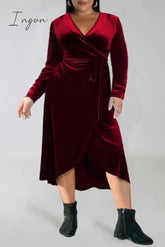 Ingvn - Burgundy Casual Solid Frenulum V Neck Long Sleeve Plus Size Dresses