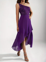 Sequin One-shoulder Tulip Dress, Elegant Sleeveless Dress For Party & Banquet, Women's Clothing