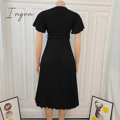 Ingvn - Women Pleated Dresses High Waist Short Sleeves A Line Modest African Office Ladies Work Wear Date Elegant Classy Robes Vestidos