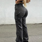 High-Waisted Stretchy Women's Retro Cargo Denim Pants, Elegant Solid Y2K Street Style Urban Fashion Trousers Jeans