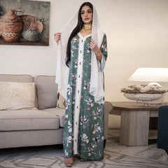 Ingvn - Siskakia Ethnic V Neck Ribbon Maxi Dress Fall Loose Muslim Jalabiya Abaya Dresses Full Sleeve Arabic Islamic Dubai Clothes