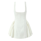 Elegant White Evening Party Mini Dresses For Women Square Neck Sleeveless Pleated Hem Ball Gown Dress Summer Robe