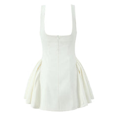 Elegant White Evening Party Mini Dresses For Women Square Neck Sleeveless Pleated Hem Ball Gown Dress Summer Robe