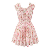 Sweet Women Pink Floral Print Mini Dress Sexy Off Shoulder Short Sleeve Elastic Waist Holiday Party Dress Summer Robe