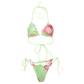 Lace Colorful Flower Print Bikini Shirring 2 Piece Set Women Halter Bra Tops+Skinny Briefs Vacation Beach Style Outfits