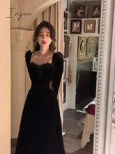 Ingvn - Autumn Slim Black Velvet Dress Casual Korean Fashion Elegant Midi Dress Woman Party Long Sleeve Vintage Lace Dress Design