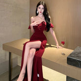 Vintage Red Sexy Backless Long Dresses Women Summer Elegant High Split Ruffles Luxury Evening Party Off Shoulder Female Clothing
