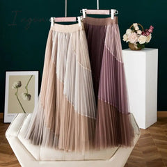 Ingvn - Gauze Patchwork Pleated Midi Skirts Spring Summer New Fashion Streetwear Casual Elastic High-waisted Women's Skirt