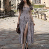 Ingvn - Floral Print Dress Sweet Square Neck Puff Sleeve Side Spilt Drawstring Maxi Dresses for Women Party Chic Casual Outfits