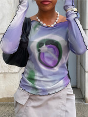Off-Shoulder Sun & Moon Print T-Shirt with Ruffle Trim - 95% Polyester 5% Elastane Knit Fabric, Young Style Regular Length Top for Spring/Summer/Fall
