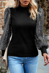 Ingvn - Elegant Solid Sequins Half A Turtleneck Tops
