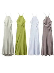 Women Fashion Elegant Halter Backless Solid Satin Dress Casual Chic Dress Sexy Nightclub For Eveninig Party Mujer Vestidos