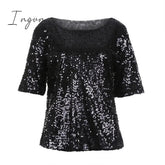 Ingvn - Fashion Women Long Sleeve T-Shirt Spring Autumn Off-Shoulder Loose Shining T Shirt For Women Tops Glistening Sequin T-Shirt