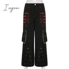 Ingvn - Fashion Trends Gothic Chain Bandage Wide leg Pants Women Oversize Low Rise Dark Academic Trousers Streetwear 90s Baggy Pant Punk Style