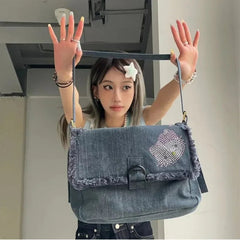Ingvn Hello Kitty Vintage Shoulder Bag for Women Y2k Denim American Style Original Armpit Bag Literary Harajuku Fashion Handbag