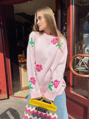 Ingvn Flower Print Fashion Sweater Women's Casual Loose Female Knitted Top Winter Thick Warm Oversized Knitted Pullover