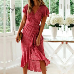Ingvn - Fashion Trends Red dot Print Boho Long Chiffon Summer Beach Midi Dress Women Floral V-Neck Folds Ruffles Wrap Dresses Casual Split vestidos